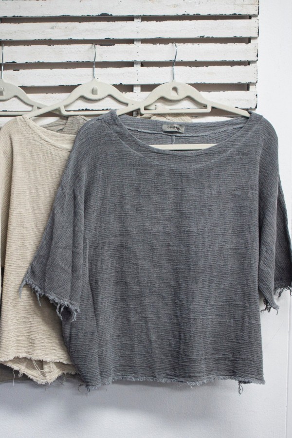 Natural woven linen top round neck 3/4 sleeves
