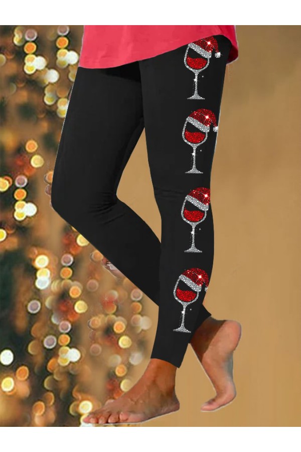 Women's Merry Christmas Shiny Wine Glass Print Leggings