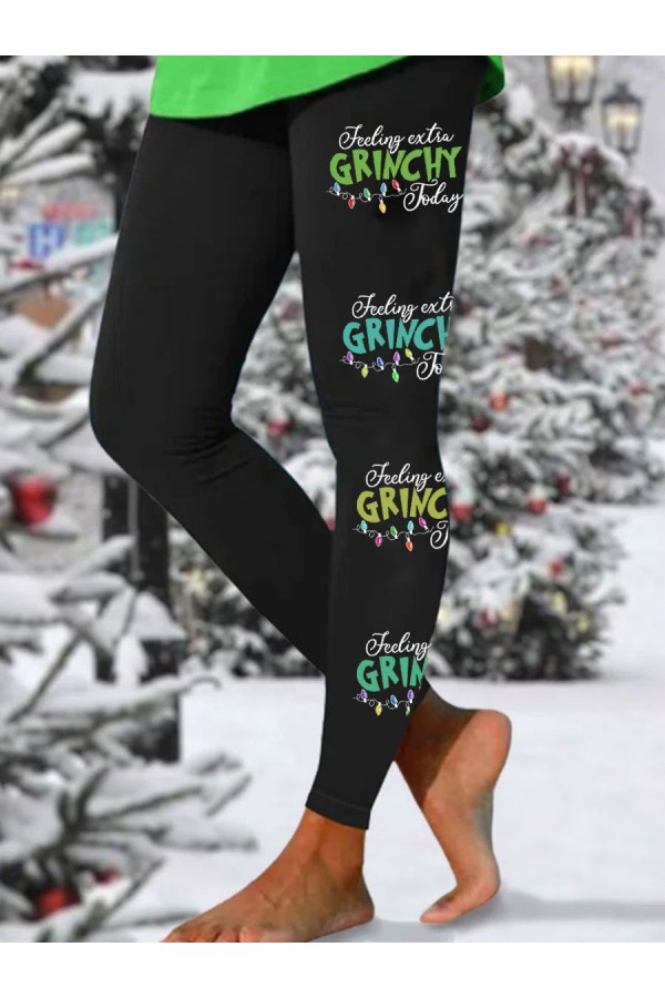 Women's Christmas Green Monster Feeling Extra Today Lights Print Yoga Pants