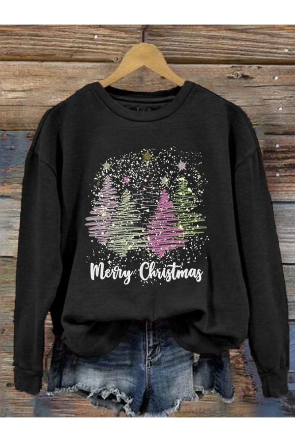 Women's Merry Christmas Trees Print Crew Neck Sweatshirt