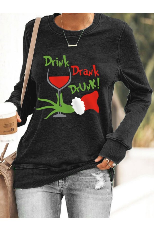 Women's Funny Christmas Drink Drank Drunk Red Wine Glass Casual Sweatshirt