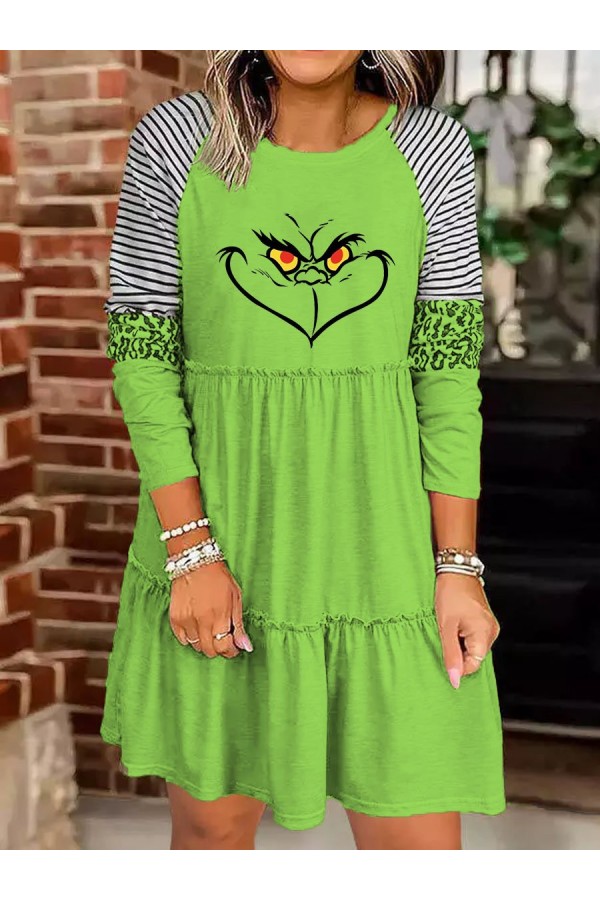 Women's Christmas Grinch Green Monster Funny Face Leopard Stripe Print Dress