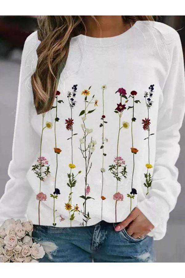 Round Neck Floral Print Loose Casual Pullover Sweatshirt