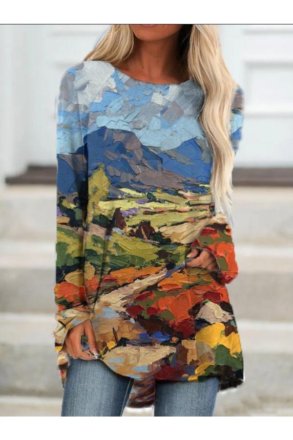 Art Landscape Oil Painting Print Long Sleeve Round Neck Tshirt