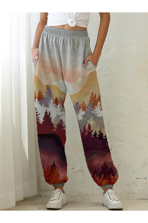 Women's Mountain Treetop Print Pocket Elastic Waist Casual Pants