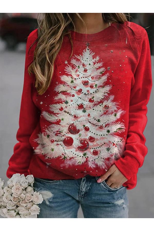 Ladies Christmas Tree Print Sweatshirt