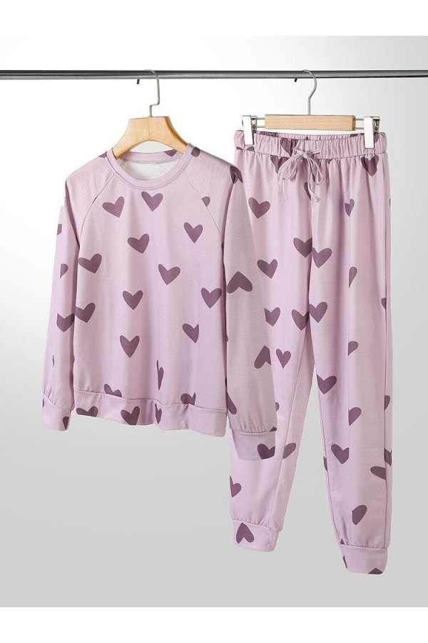 Women Allover Stars Hearts  ONeck Drawstring Beam Feet Pants Two Pieces Pajamas
