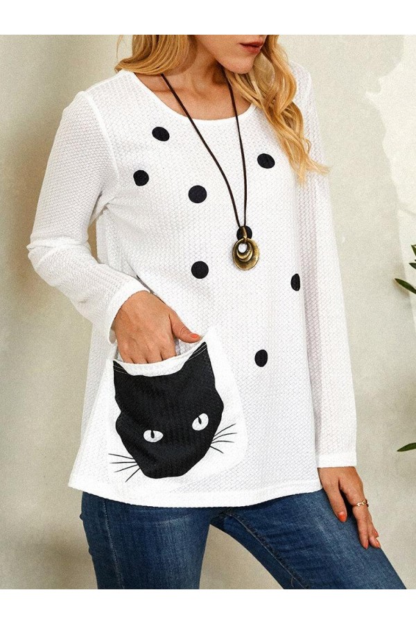 Cat Polka Print Pocket Long Sleeve Casual Blouse For Women