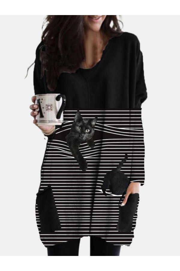 Striped Black Cat Print Pockets Oneck Plus Size Blouse