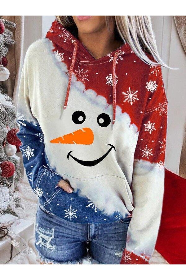 Women's Snowman Contrast Color Long Sleeve TieDye Hoodie