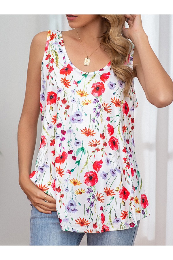Calico Print Sleevless Oneck Loose Tank Top For Women