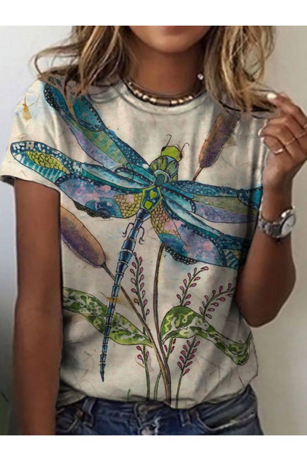 Women's Dragonfly Pattern Crew Neck Tshirt