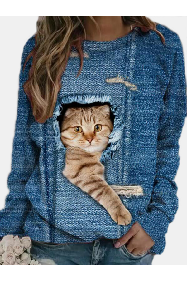 Cute Cat Print Long Sleeves Oneck Casual Sweatshirt For Women