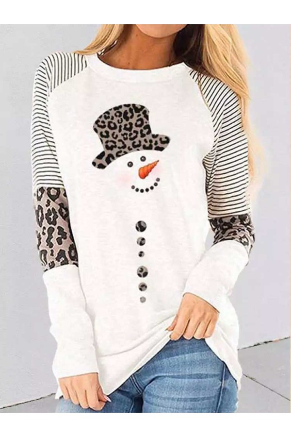 Christmas Snowman Striped Leopard TShirt Tee  White