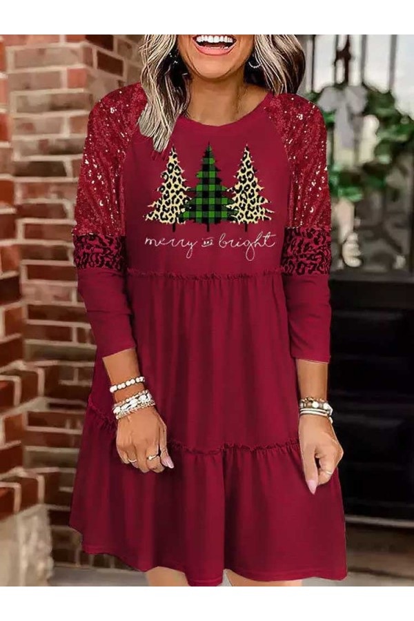 Sequined Merry And Bright Plaid Leopard Trees Mini Dress  Red