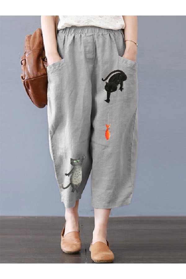 Cartoon Cat Print Pockets Elastic Waist Plus Size Harem Pants