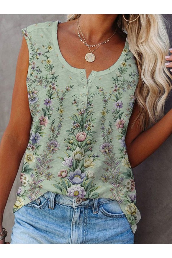 Buttoned Regular Fit Floral SleevelessTShirt