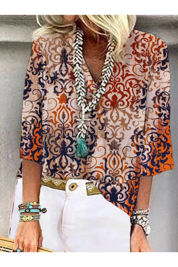 Loose V Neck Vacation Ethnic Blouse