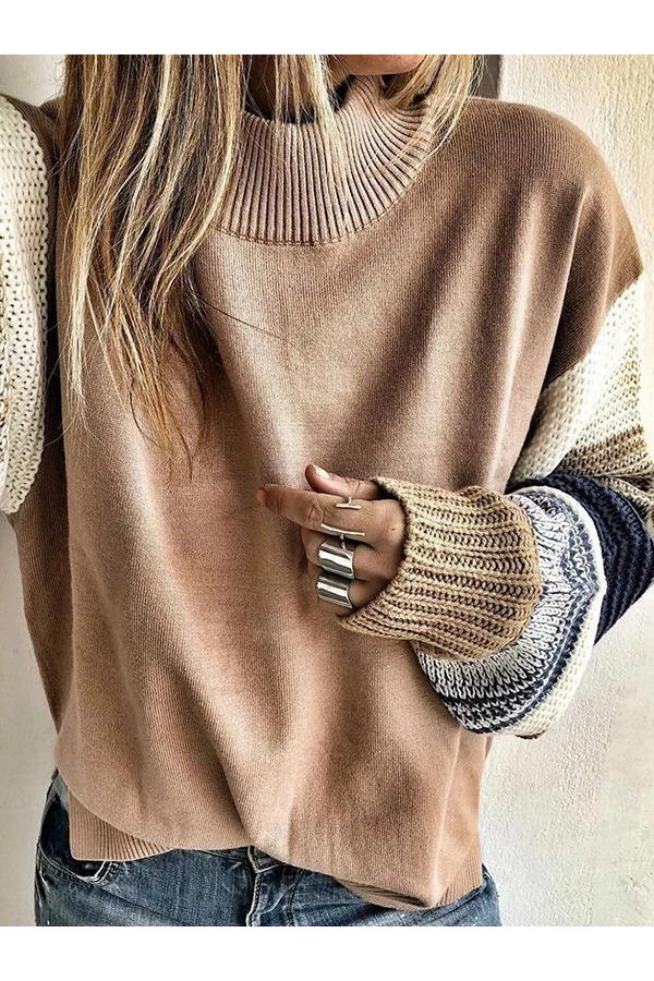 Solid Striped Sleeves Crew Neck Casual Sweater
