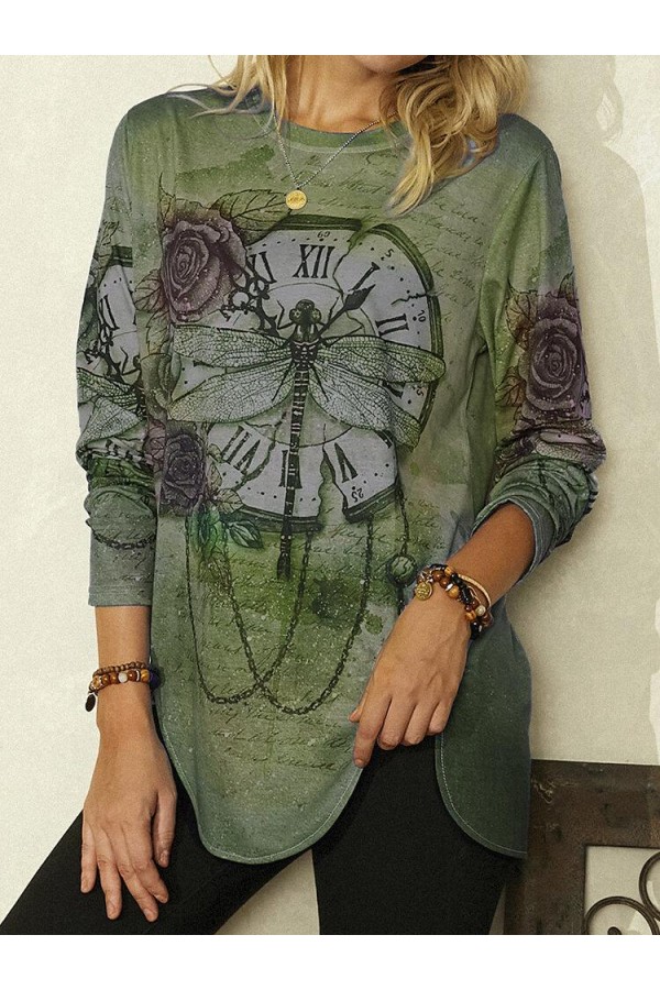 Vintage Printed Long Sleeve Oneck Asymmetrical Blouse For Women