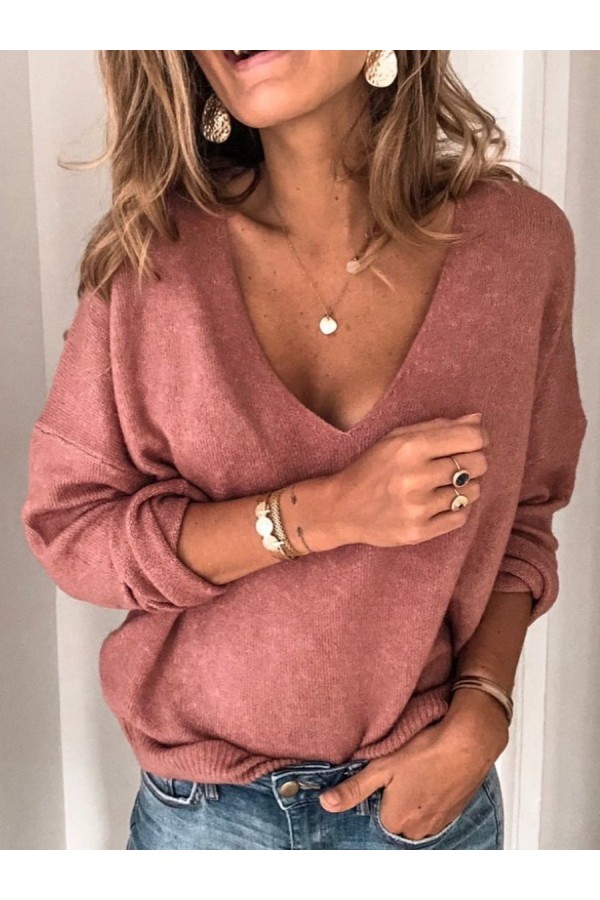 Solid Long Sleeve V Neck Sweaters For Lady