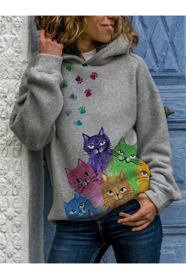 Multicolor Cat Print Long Sleeve Casual Hoodie For Women