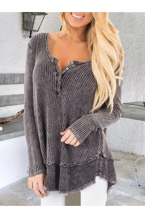 Gray Buttoned Casual Long Sleeve Shirts & Tops