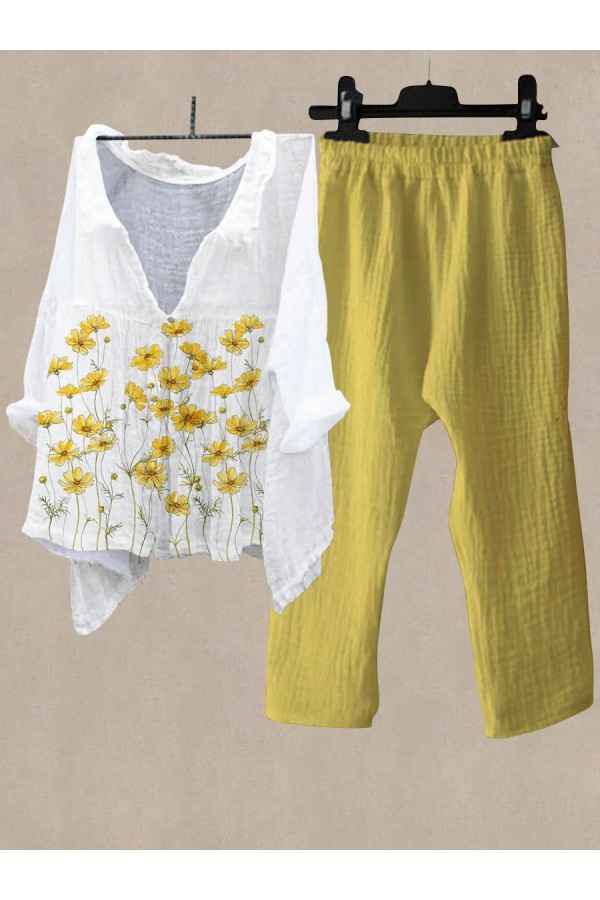 Women's Yellow Flower Print Shirt Collar Top And Casual Pants Linen Two Pieces