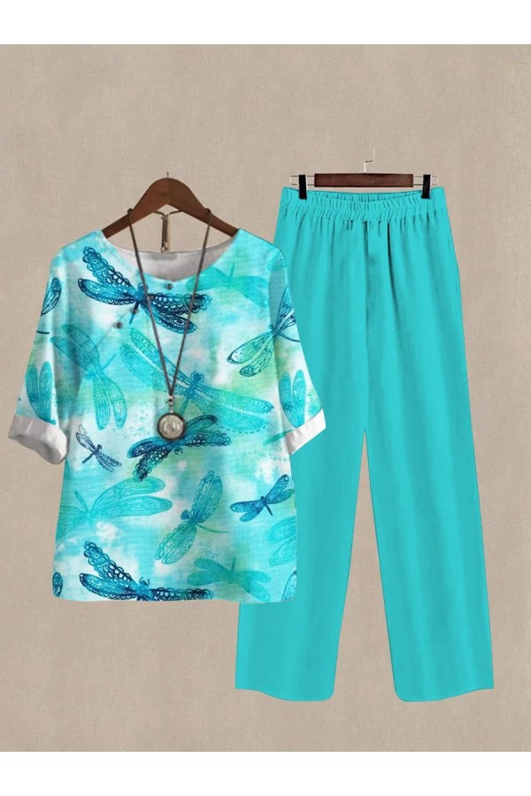 Women's Dragonfly Print Half Sleeve Top And Casual Pants Linen Two Pieces
