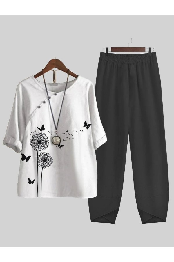 Dandelion Butterfly Print Top And Pants Twopiece Suits