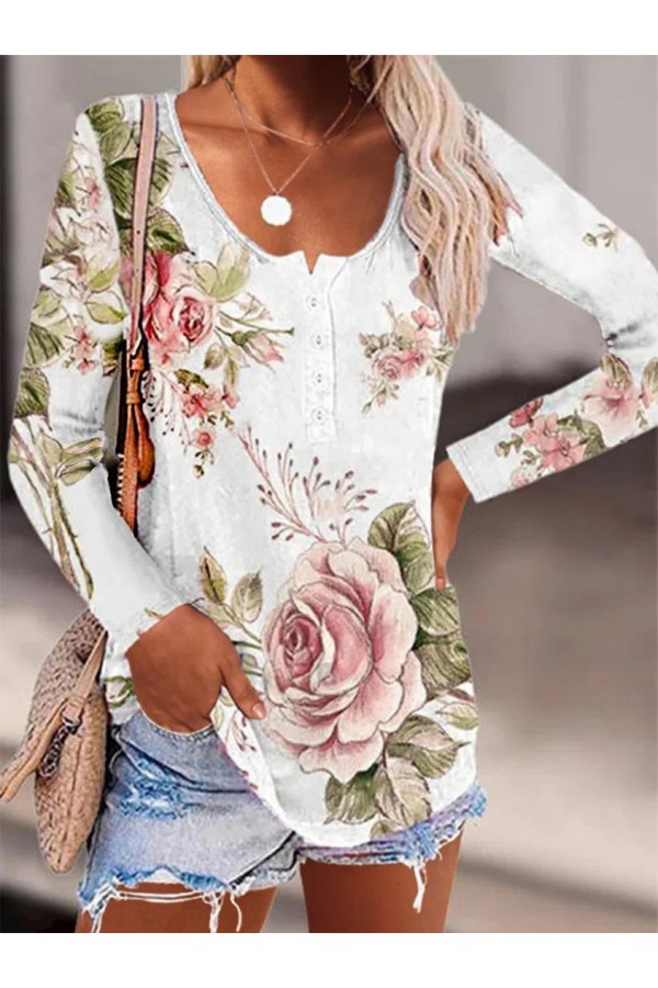 Floral Long Sleeves Notched Buttoned Plus Size Casual Tops