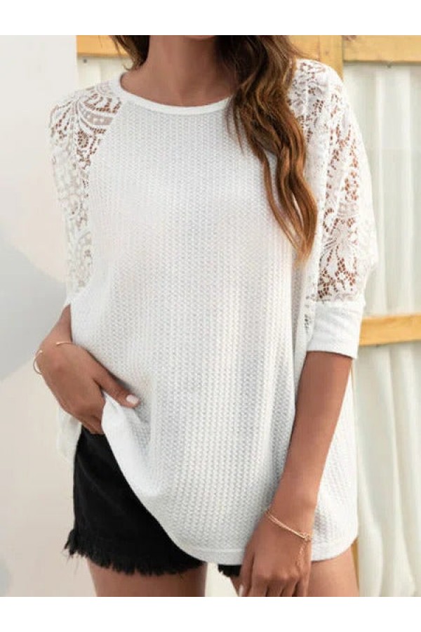 Round Neck Solid Lace Basic Blouse