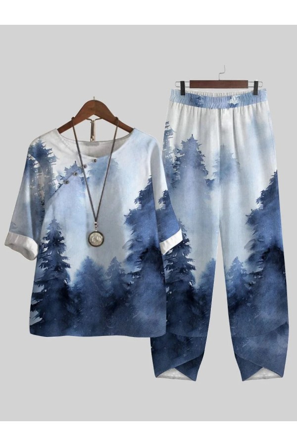 Ink Forest Print Casual Twopiece Suits