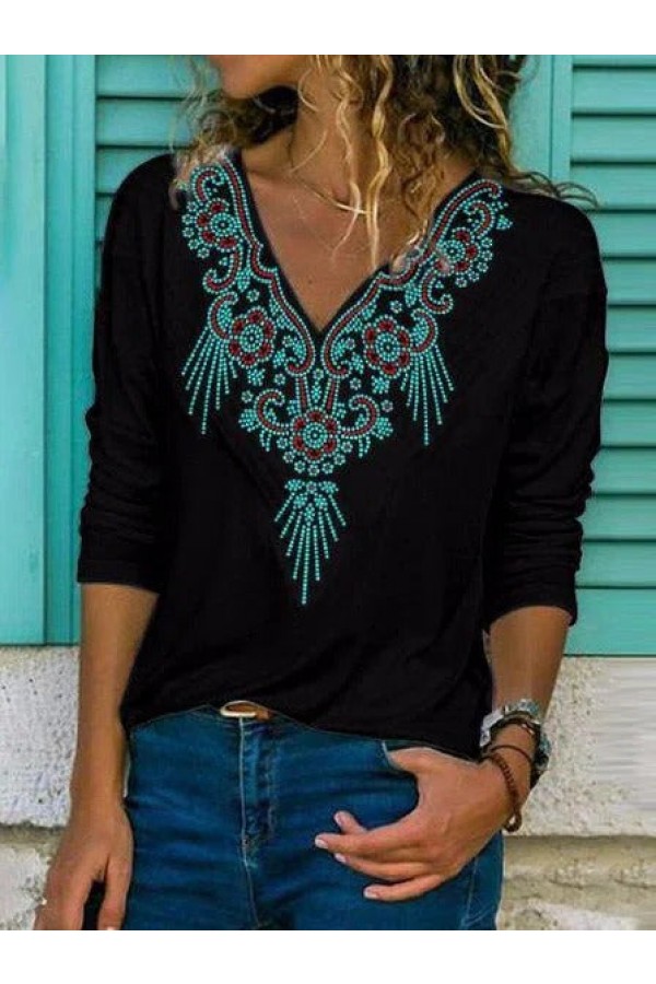 V Neck Tribal Casual Mexican Blouse