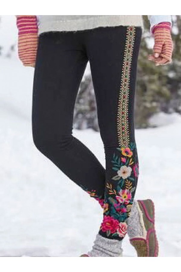 Black Casual Embroidered Leggings
