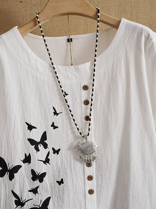 White Butterflies Print Button Short Sleeve Casual Tshirt For Women ...