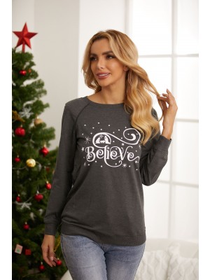 Dark Grey Believe Christmas Print Long Sleeves Sweatshirt 