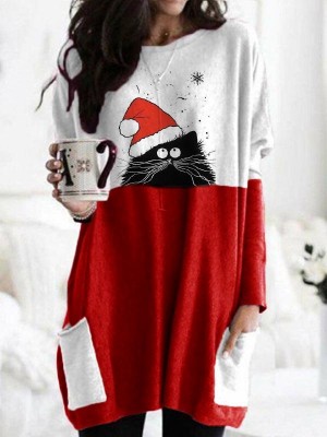 Women's Christmas Spliced Color Christmas Hat Cat Printed Long Sleeve Tshirts