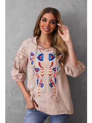 Women's Cotton Pattern Print Casual Boho V-neck 3/4 Sleeves Nude Shirts & Tops
