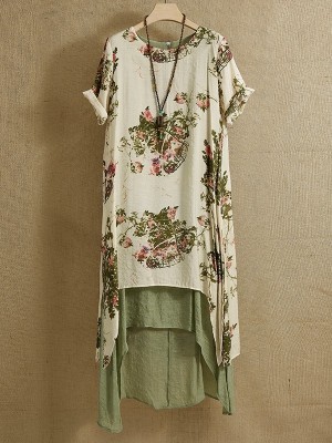 Green Round Neck Floral Layered Print Casual Short Sleeves High Low Maxi Dress