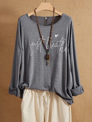 Deep Gray Letter Casual Long Sleeve CottonBlend Shirts & Tops