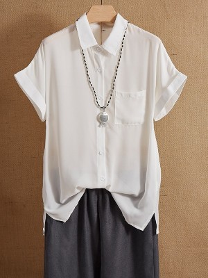 White Relaxed Fit Collared Short Sleeve Button Down Blouse