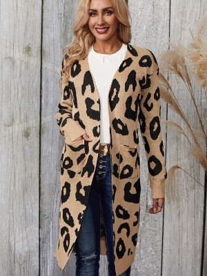 Leopard Print Knit Jacket Cardigan Women's Sweater