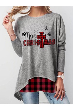 Ladies Red Plaid Merry Christmas Print Sweatshirt