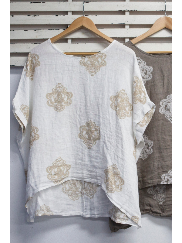Linen print round neck loose fitting top