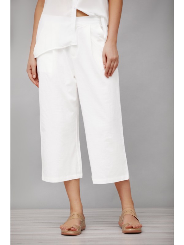 White Solid Zipper with Pockets Casual Wide Leg Straight Pants
