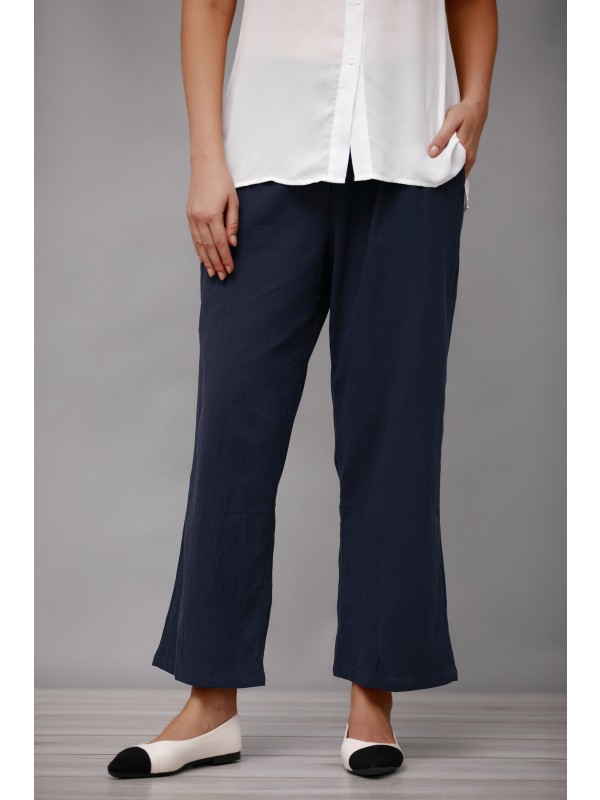 Navy Blue Solid with Pockets Casual Wide Leg Pants