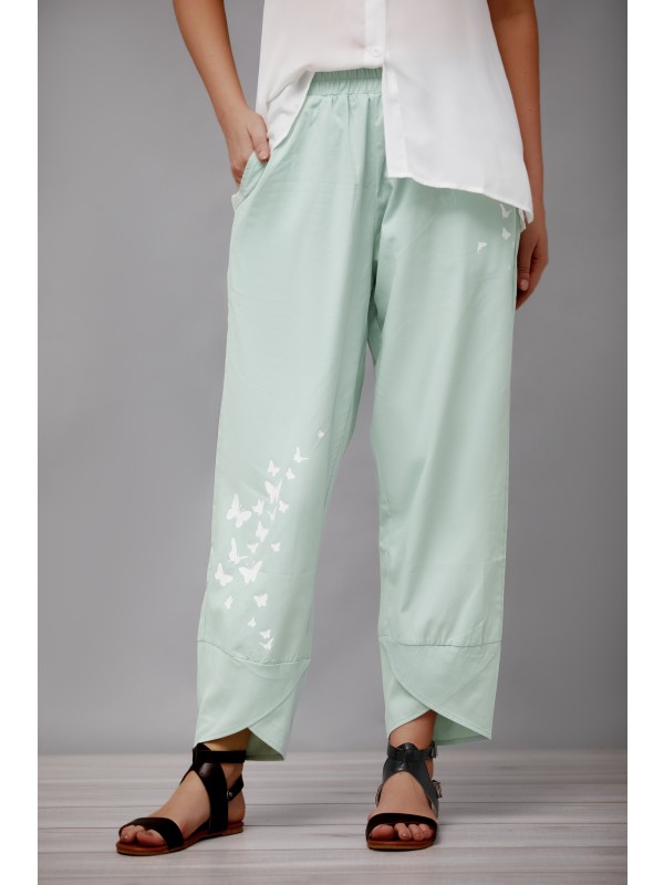 Green Butterfly Print with Pockets Casual Wide Leg Pants