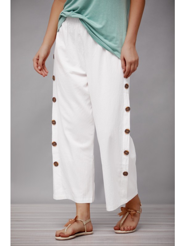 New White Plain Buttons Casual Straight Leg Pants