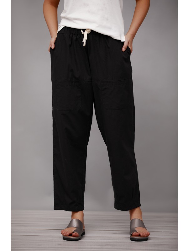 Black Solid Sashes with Pockets Casual Vintage Plus Size Pants